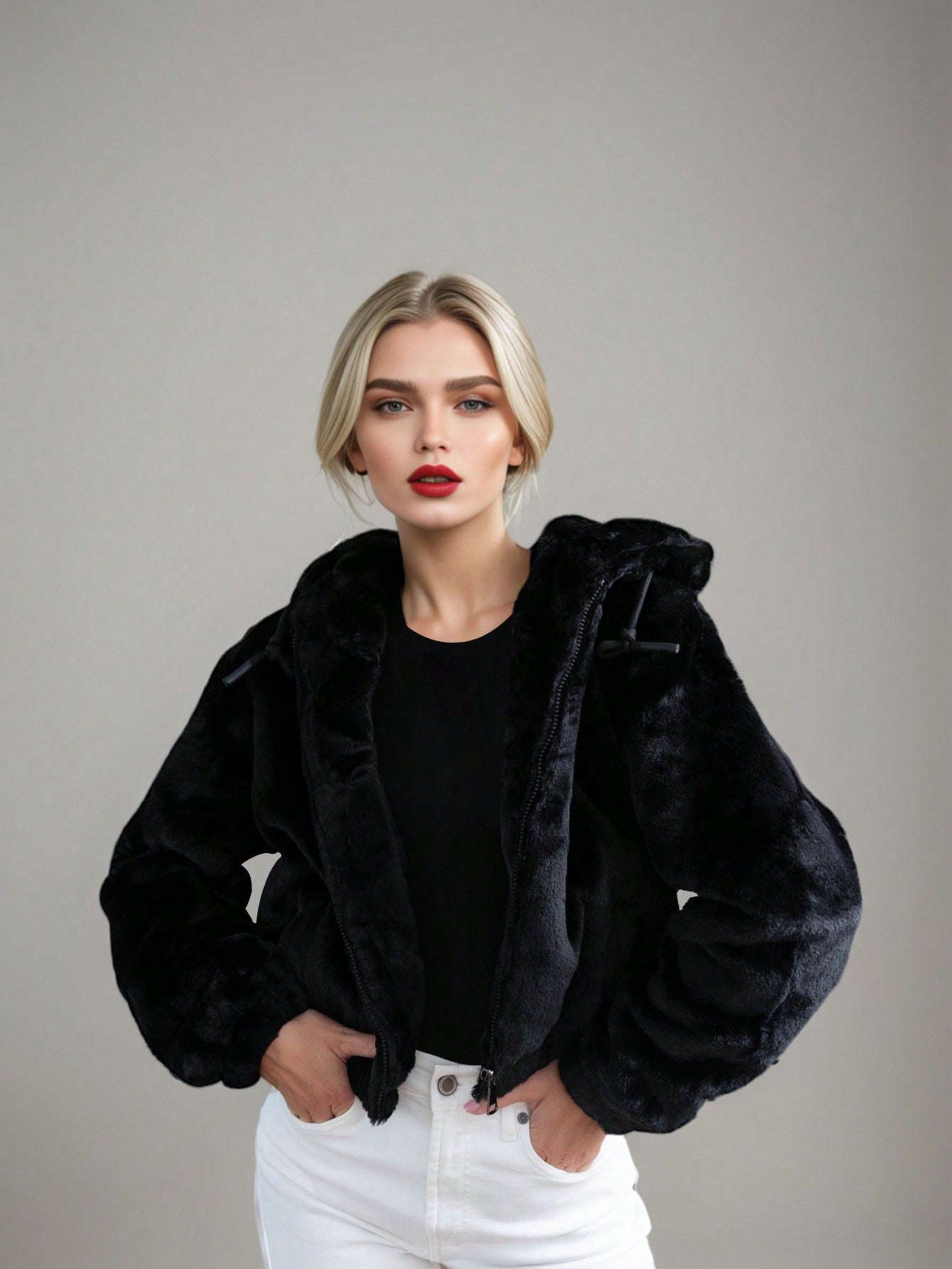 仿皮草连帽短款外套