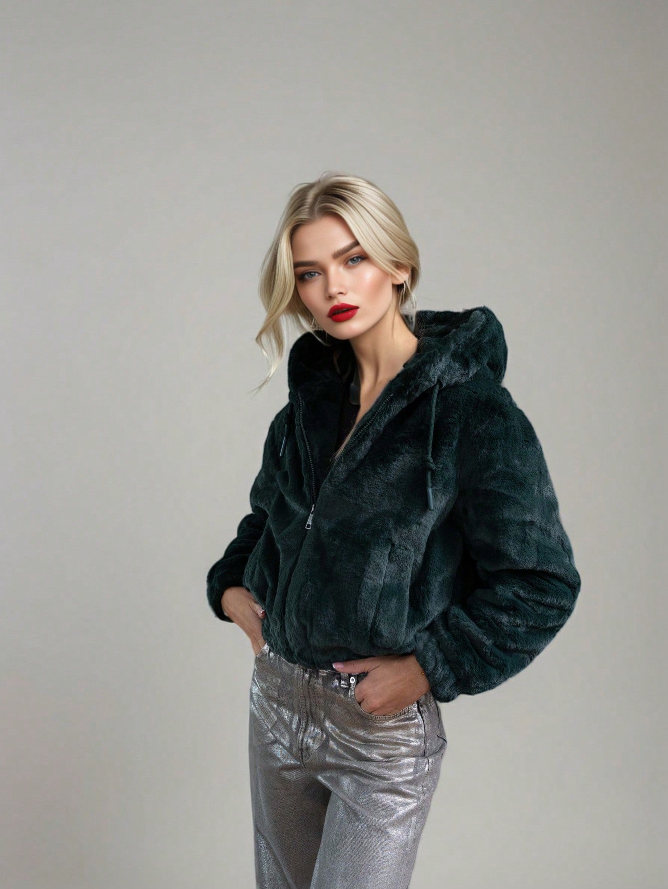 仿皮草连帽短款外套