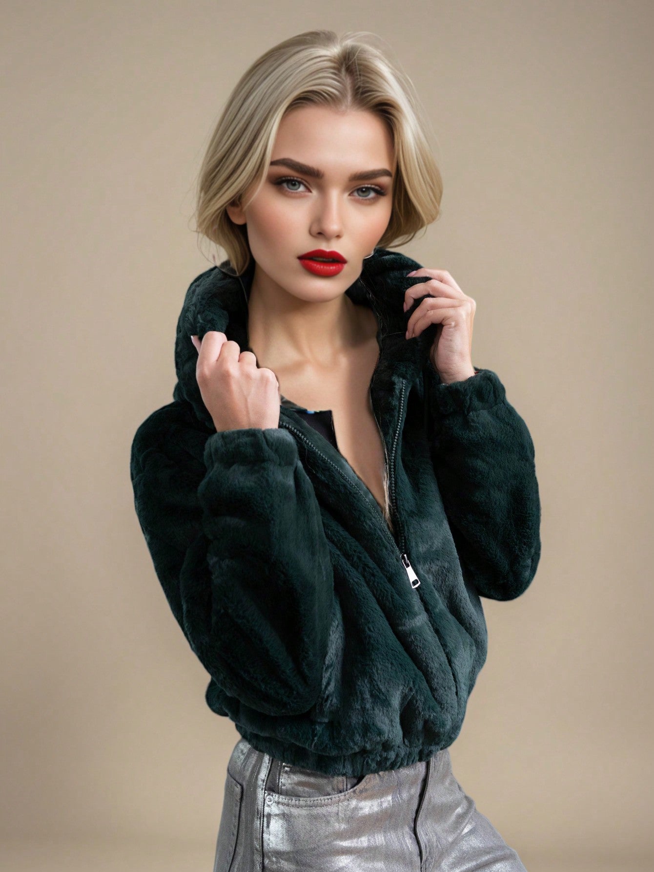 仿皮草连帽短款外套