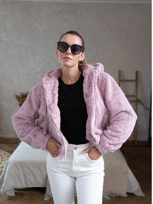 仿皮草连帽短款外套