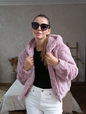 仿皮草连帽短款外套