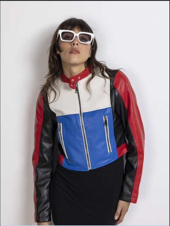 女士撞色拉链开襟短款PU皮革夹克