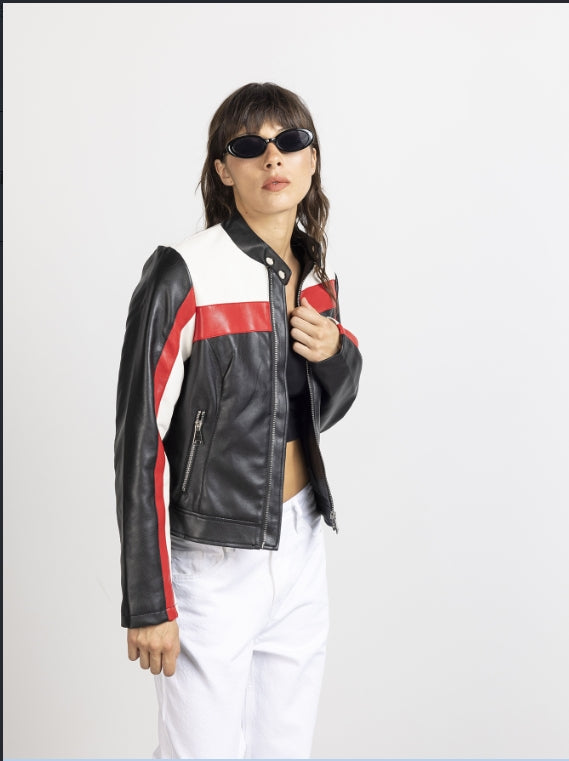 女士春秋款撞色拉链开襟短款PU皮革夹克