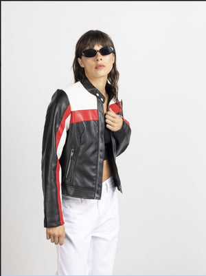 女士春秋款撞色拉链开襟短款PU皮革夹克